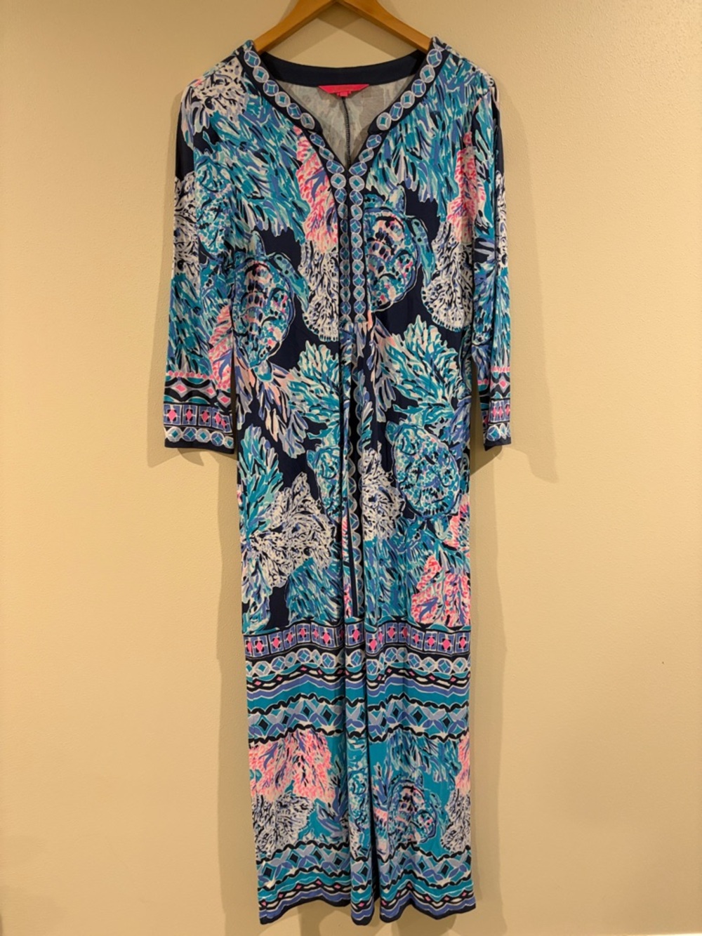 Lilly Pulitzer Navy Maxi Dress with Aqua & Pink Floral Turtle Print